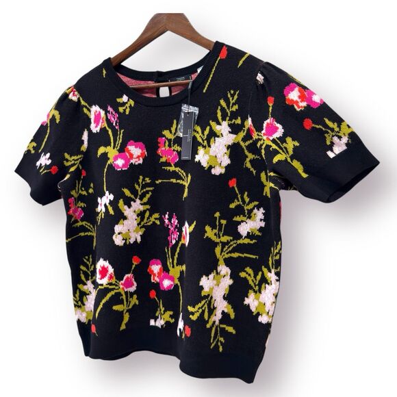 Tahari Pixel Floral Short Sleeve Sweater Blouse Size 1X Teacher Office Chic Art - Picture 3 of 11